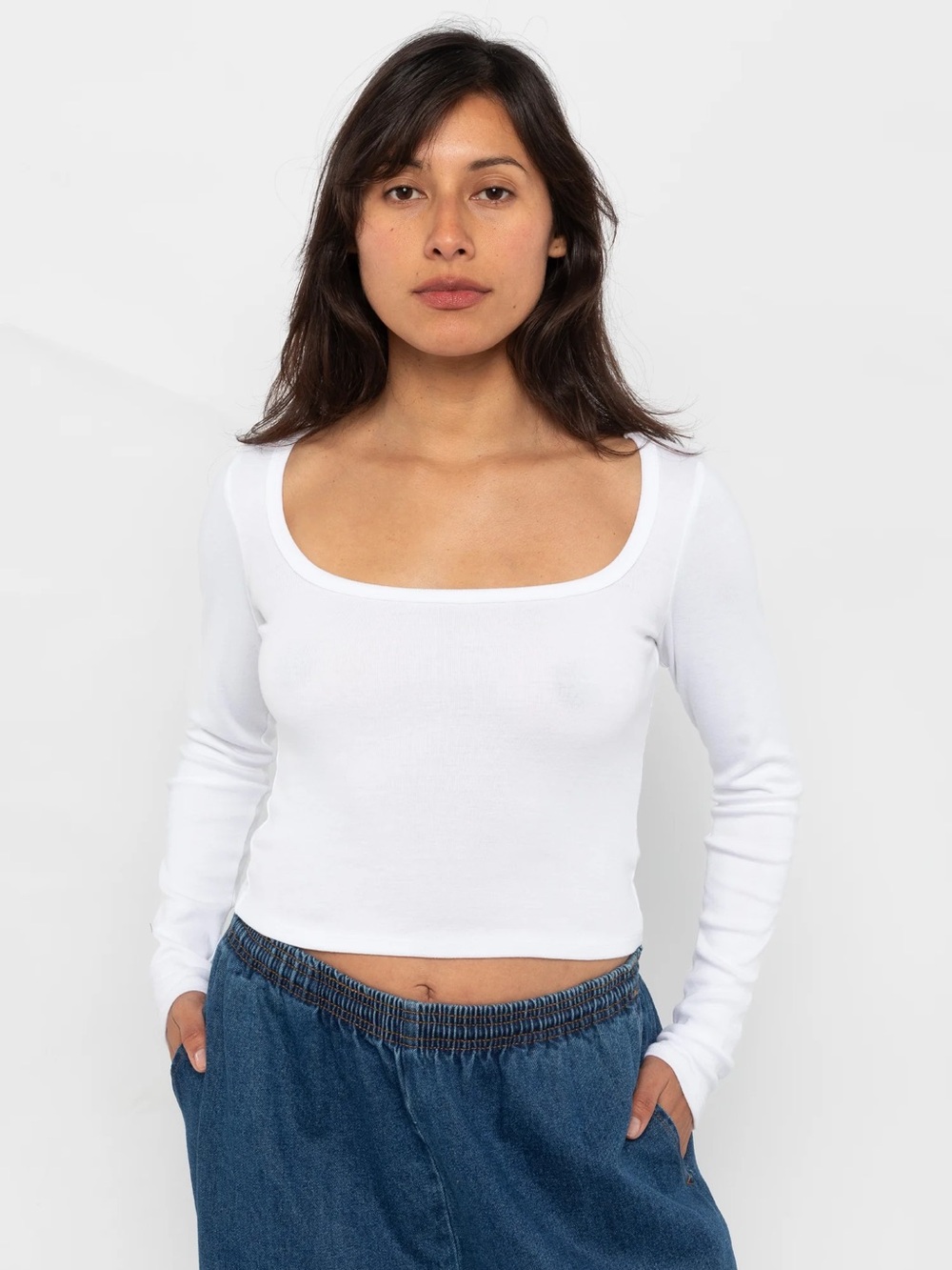 Los Angeles Apparel Baby Rib Long Sleeve Square Neck Tee in White